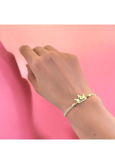 Archin Ay Yıldız Temalı 14 Ayar Altın Plakalı Hasır Kordonlu Taç Figürlü Hediye Bileklik-464sembol Türkiye Bayrağı