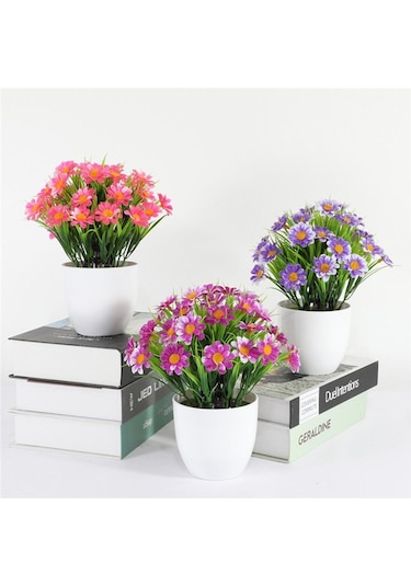 3lü Set Yapay Çiçek Papatya Beyaz Saksıda Karışık Renkler