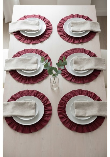 Yunusoğlu Home Pamuklu Fırfırlı Supla 6'lı Set Amerikan Servis 33 Cm Çap Supla 6'lı Bordo