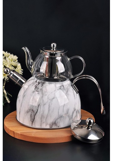Nishev Mermer Düdüklü Çelik Cam Çaydanlık Takımı Beyaz Beyaz