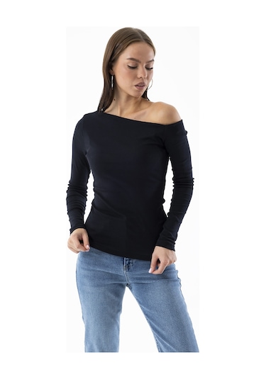 Giysa Kadın Asimetrik Yaka Uzun Kollu Basic Bluz Siyah - Ms0001283 Siyah