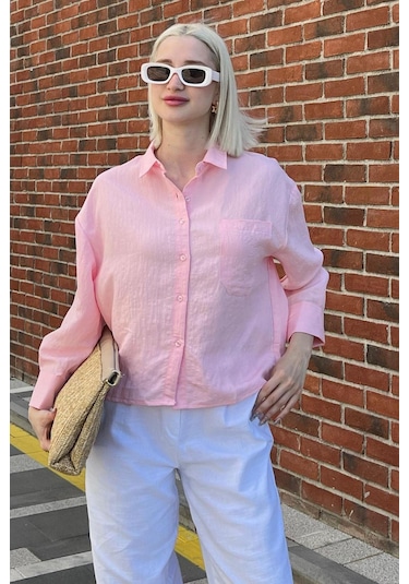 Madmext Pembe Çizgili Oversize Kadın Gömlek Mg2093-pembe Pembe