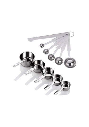 Fortunelane 11 Parça Paslanmaz Çelik Ölçüm Seti: 5 Kase 30-250ml + 5 Kaşık 0.5-15ml + Düzleştirici Aracı Gümüş Gümüş Gümüş