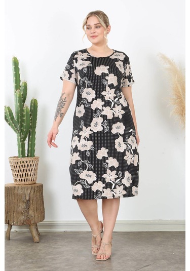 Kadın Siyah Vizon Sarmaşık Desen Midi Elbise Siyah - Turuncu