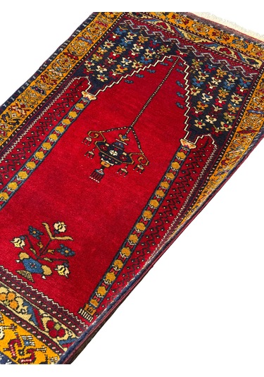 El Dokuma Çift Sıfır Eski Yahyalı Namazlık Kök Boya %100 Yün Seccade Kırmızı