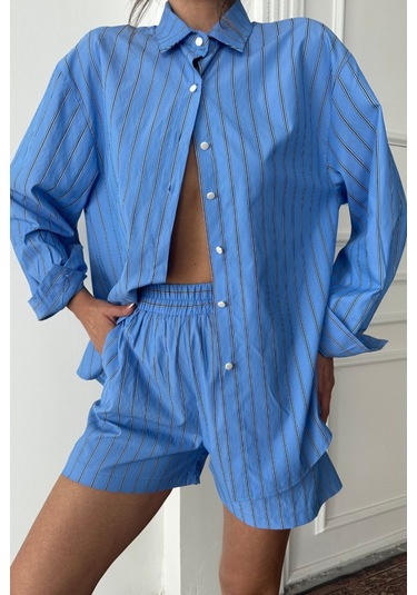 Poplin Çizgili Gömlek - Şort Takım - Mavi Mavi