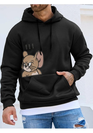 Sweatshirt Tom Ve Jerry Baskılı Kapşonlu Siyah2