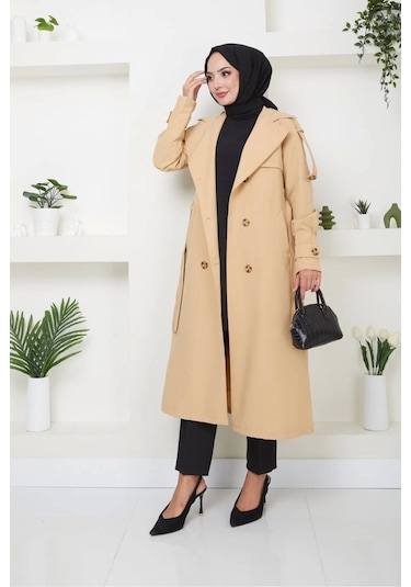 Kruvaze Yaka Bondit Kumaş Trençkot / M0106 - Camel Metalik Camel
