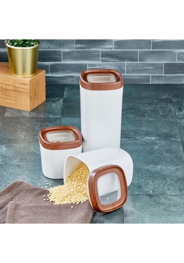 Ceronni Bonny Erzak Saklama Kabı 3lü Set Ahşap Kaplama Kapak Renkli Hazne 1,8lt - 1lt - 600ml Koyu Ahşap Ahşap