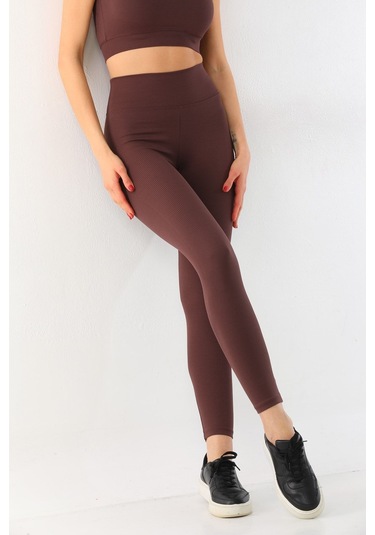 Kallima Kahverengi Toparlayıcı Yüksek Bel Fitilli Tayt-crop Takım Kahverengi