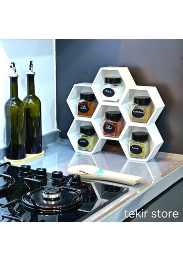 6'lı Baharatlık Takımı Ahşap Beyaz Standlı Petek Model Çift Yönlü Beyaz