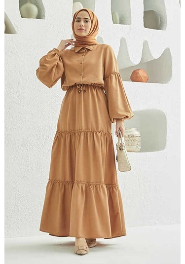 6567-carla Büzgülü Elbise Camel