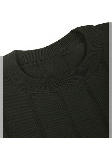 Deepsea Haki Dar Kesim Likralı Erkek Triko Kazak Bisiklet Yaka Şık Tasarım 2605433 Haki