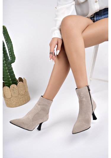 Muggo Natalie Garantili Hakiki Deri Sivri Burun Fermuarlı İnce Topuklu Kadın Bot Vizon Süet Vizon