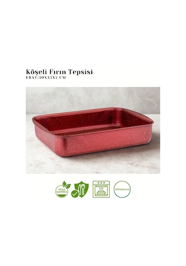 30x35 Cm Granit Köşeli Tepsi - Kırmızı Kırmızı