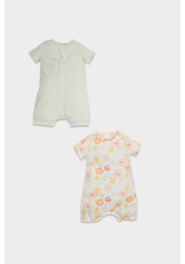 DeFacto Kız Bebek Yenidoğan Desenli Penye 2'li Kısa Kollu Tulum D8298A5NSER105 Ekru