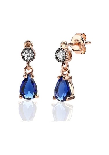 Elmas Montürlü Safir Damla Sallantılı Küpe _Rose