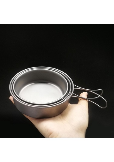 Açık Kamp Yürüyüş Pikniği İçin Katlanabilir Kulplu Ultralight Titanyum Yemek Kasesi Tavası 3pcs Gri