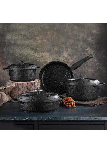 Oms 3050 Prime 7 Parça Granit Döküm Tencere Takımı Siyah