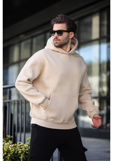 Bej Kapüşonlu Kanguru Cep Erkek Sweatshirt E7169 Bej