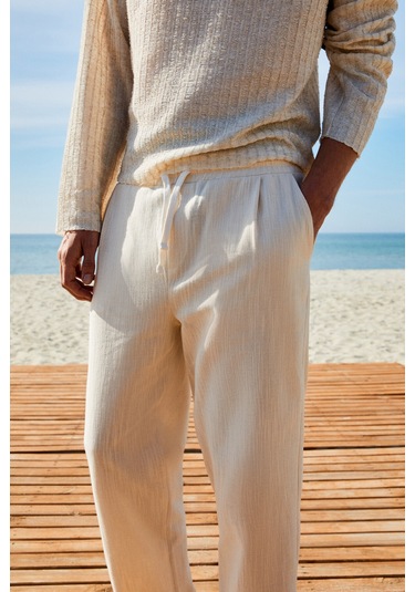 EDVIN Erkek Beli Lastikli Yanları Cepli Keten Karışımlı Relaxed Fit Ekru Pantolon