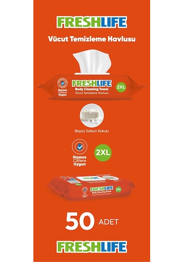 Freshlife Hasta Vücut Temizleme Islak Mendil Havlu 50 Yaprak XL 3'lü Set