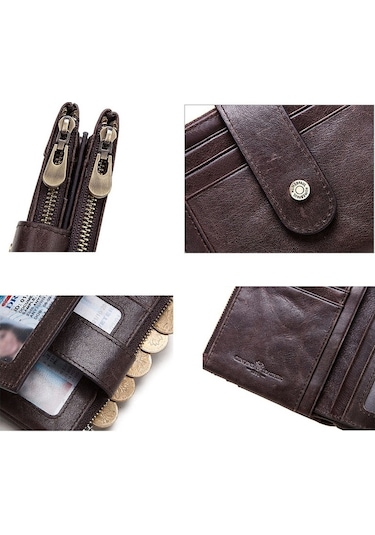 Sones Humerpaul Bp896 Rfıd Hırsızlığa Karşı Fırça Çift Fermuarlı Deri Cüzdan Çoklu Kart Erkek Çanta Koyu Kahverengi