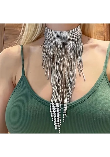 Bohem Etnik Kristal Zincirli Püskül Gerdanlık Kolye Gümüş