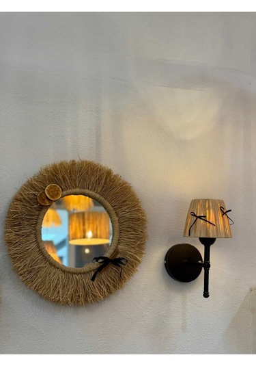 Rafya Hasır Siyah Fiyonk Kurdele Kablosuz Pilli Aplik - Alt Siyah Siyah