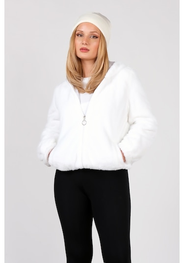 Giyim Dünyası Kadın Kapüşonlu Peluş Mont Beyaz 001