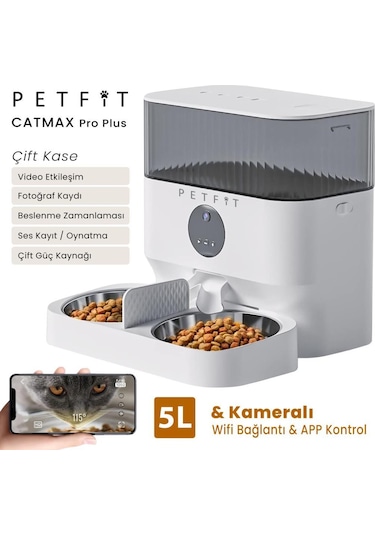 Petfit Catmax Pro Plus 5l Wi-fi Kameralı Çift Kase Akıllı Otomatik Kedi Köpek Mama Kabı Besleme Ünitesi Sesli Komut+çelik Kase+app Kontrol