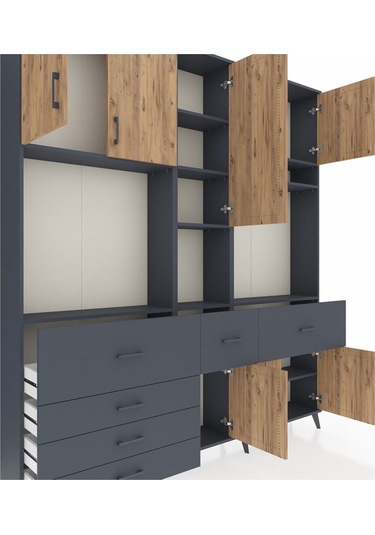 Arges Dolap 10 Raflı 6 Çekmeceli 8 Kapaklı 220x30x243 Antrasit-çam/antrasit Atlas Çam/antrasıt