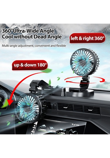 Reedark 12v/24v Arabalı Çift Başlı Usb Katlanabilir Fan - 2 Seviye Hız, 360 Döner, Sessiz Soğutma, Ön/arka Koltuk İçin Siyah Fl-111-usb