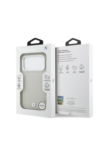 İphone 17 Pro Uyumlu Kılıf Bmw Lisanslı M-safe Özellikli Metal Logolu Tam Kaplama Deri Kapak Gri Gri