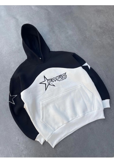 Mbb E-ticaret Kadın 3 İplik Pamuklu Parçalı Nakış İşlemelı Kapüşonlu Sweatshirt Hoodie - Siyah