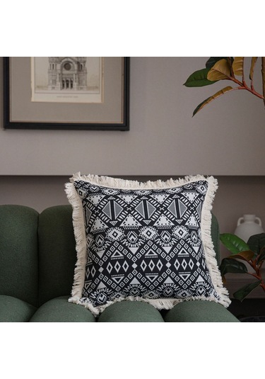 Youmex Amerikan Tarzı Desenli Dikişli Tasselli Yastık Kılıfı - Koltuk, Yatak, Araba İçin 60x60cm Dolgu Yok - Siyah Rozet Beyaz Diğer