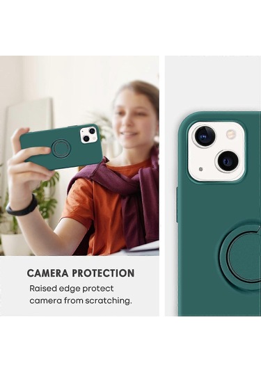 İphone 13 Kılıf Silikon Jel 360 Halka Tutucu Telefon Kılıfı - Gece Yeşili Diğer