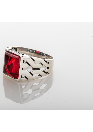 Gümüş Yakut Renkli Baget Kesim Zirkon Taşlı Kare Model Erkek Yüzük