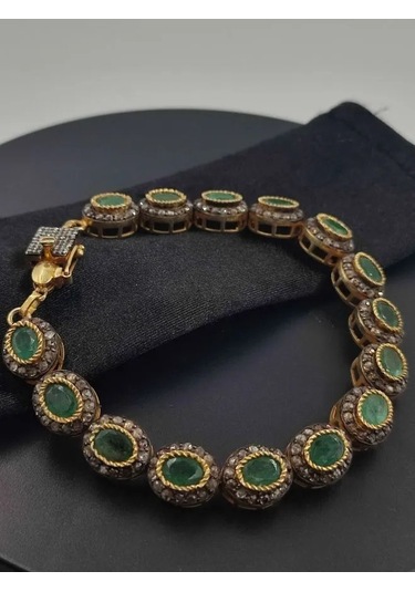 925 Ayar Gümüş Zümrüt Ve Elmas Bileklik 266 Altın