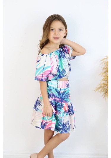 Carmen Yaka Madonna Desenli Etekli Takım - Bahar Esintisi Palmiye Adası Etekli Takım Çok Renkli