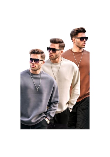 Madmext Füme/bej/kahverengi Bisiklet Yaka Oversize Şardonlu Basic Erkek 3'lü Paket Sweatshirt E7448 Füme/bej/kahverengi