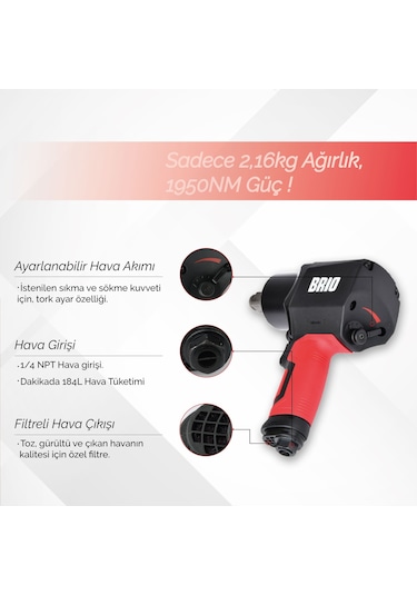 Brio Havalı Somun Sökme 1/2 1950 Nm çift Çekiç 2.16 Kg