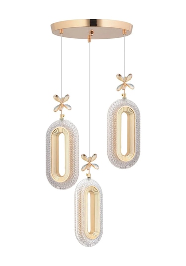 Led Alfa 3'li Gold 3 Renk Ledli Kristal Taşlı Modern Led Avize Gold