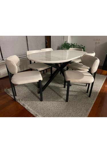Hobi Beyaz Mermer Görünümlü Oval Masa 6 Sandalye Krem