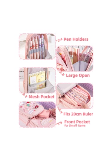 Mufunye Büyük Kapasiteli Kawaii Kalem Kutusu - Sevimli 3 Bölmeli Kırtasiye Saklama Kutusu, Mor Model B Mor