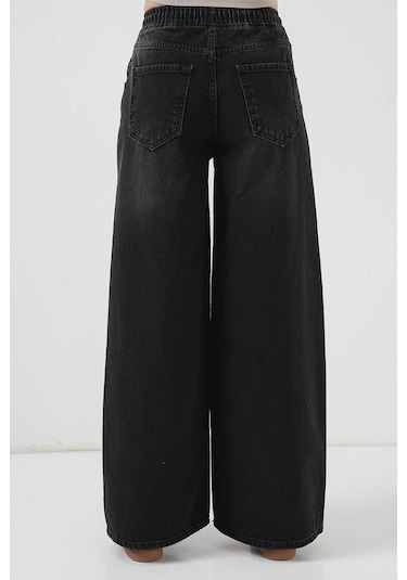 Gabria Bel Lastikli Bol Paça Jean Pantolon Siyah