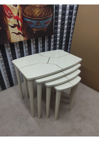 4 Lü Mdf Lam Ahşap Zigon Sehpa Krem - Gold