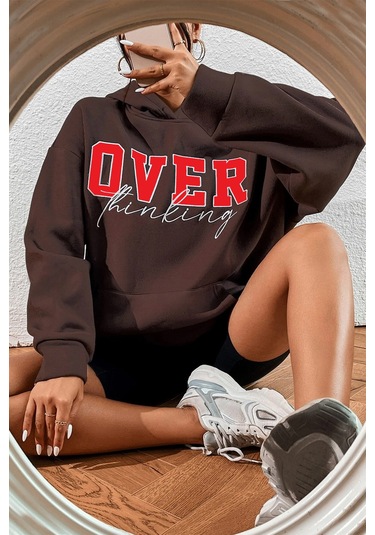 Over Thinking Baskılı Sweatshirt Kahverengi