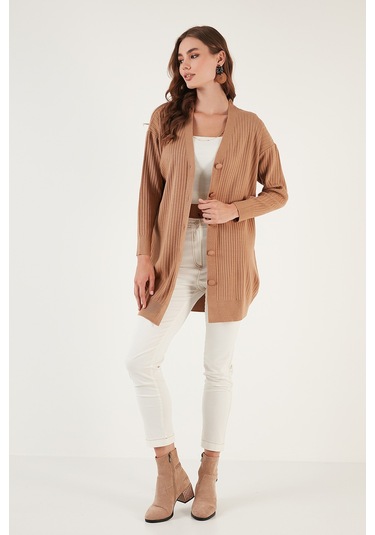 Lela V Yaka Düğmeli Uzun Triko Bayan Hırka 4616040Y Camel