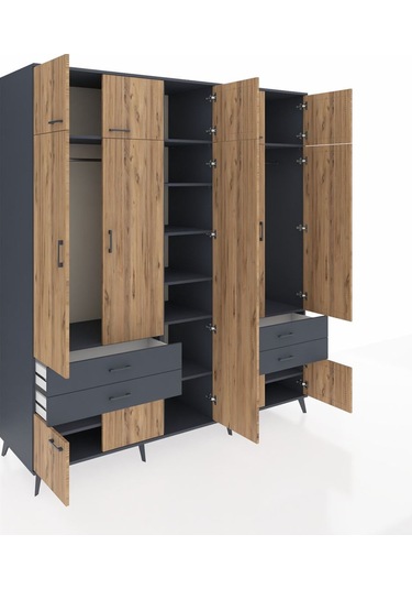 Kronos Dolap 12 Raflı 4 Çekmeceli 2 Askılı 220x59x243 Antrasit-çam/antrasit Atlas Çam/antrasıt